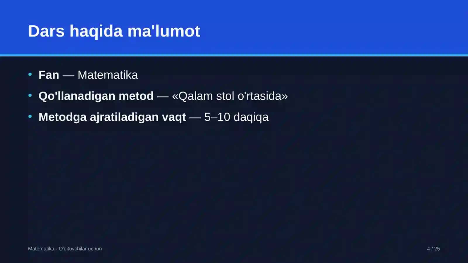 matematika darslarida qalam stol o'rtasida metodidan foydalanish 2443 4