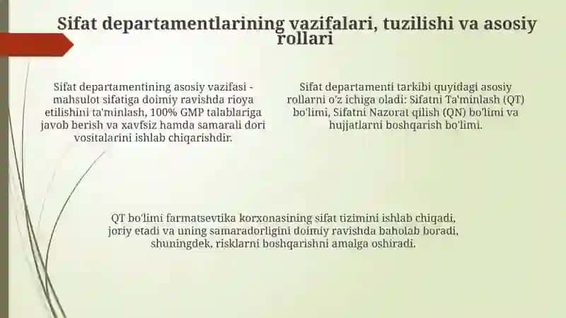 Farmasevtik ishlab chiqarish korxonalarining sifat bo'limlari tashkiliy tuzilishi 4