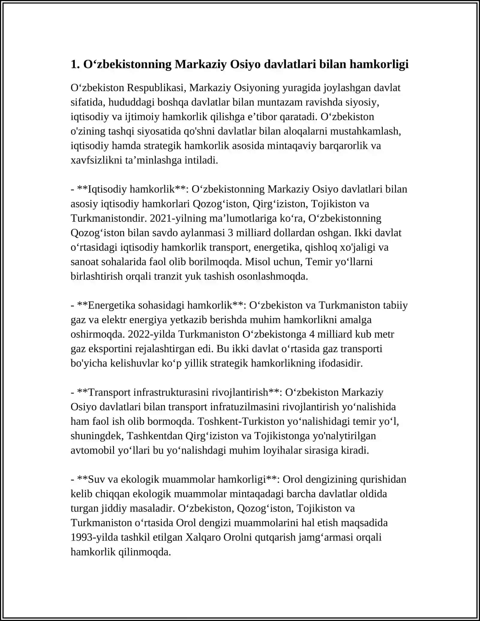 OʻZBEKISTONNING MARKAZIY OSIYODA TINCHLIK VA BARQARORLIKNI TA'MINLASHDAGI OʻRNI 4
