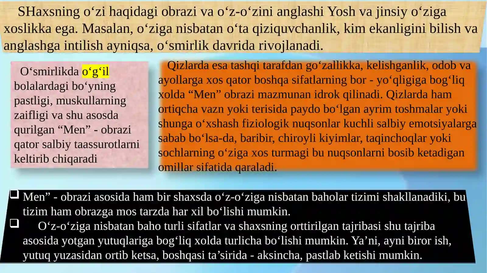 Men obrazi va o’z-o’zini baholashda  Tengdoshlari va Katta yoshdagilarning ta’siri 4