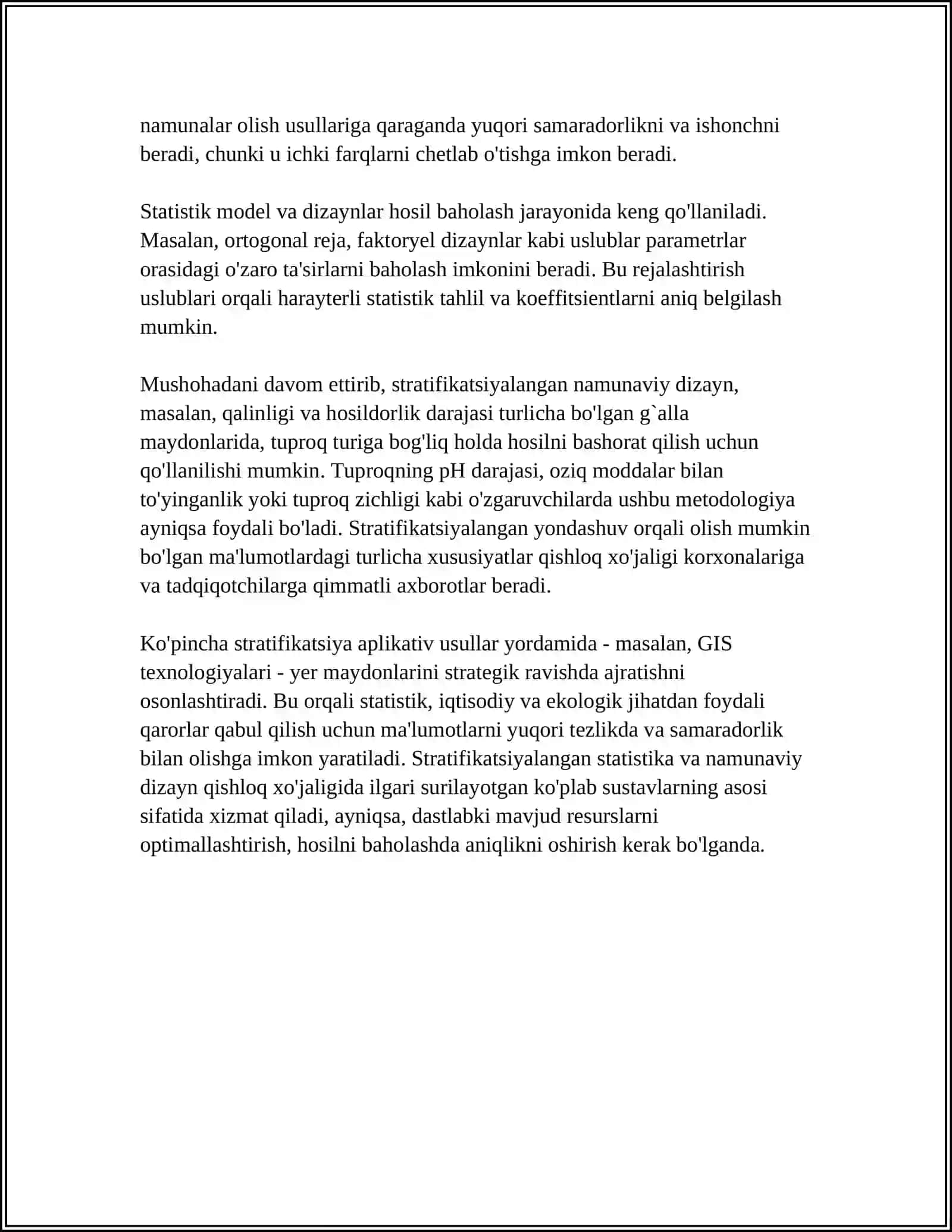 QISHLOQ XOʻJALIK EKINLARI HOSILDORLIKLARGA STATISTIK BAHO QURISH 4