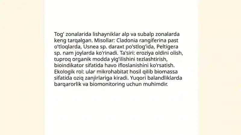 Lishayniklarning tabiatdagi tarqalishi va ahamiyatini misollar bilan bayon qilish 4