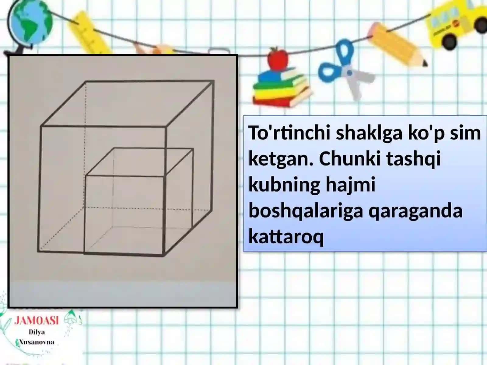 Kub qirqalarini uzunliklari yi g’indisi 4