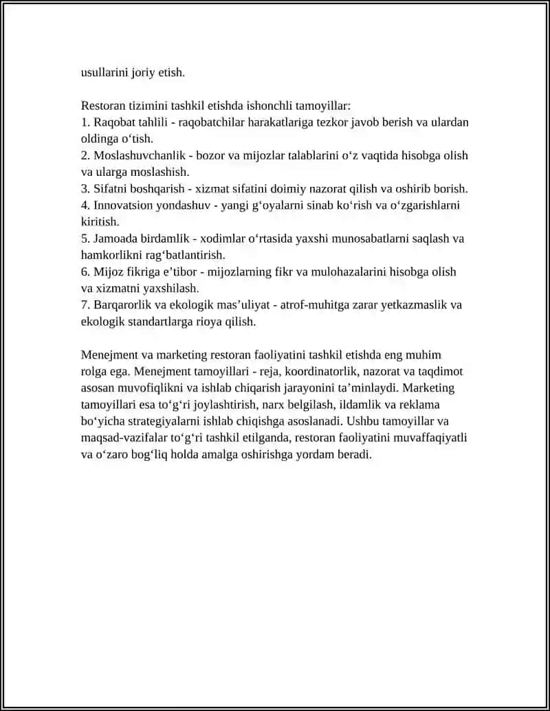 RESTORAN FAOLIYATINI TASHKIL ETISHDA MENEJMENT VA MARKETING MAVZUSIGA PREZENTATSIYA QILIB BER 4