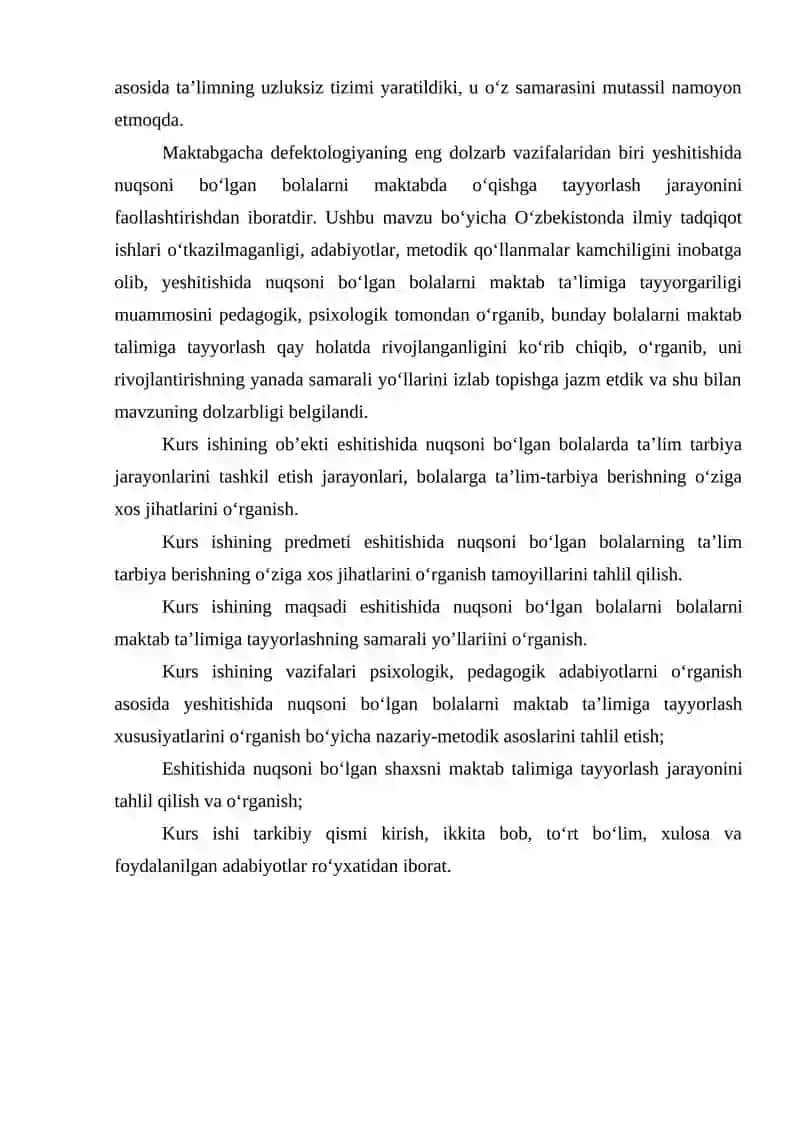 Surdopsixologiya fanidan “Maxsus ta’lim jarayonida eshitishida nuqsoni bo’lgan bolalarga psixologik-pedagogik yordam ko’rsatish” mavzusida KURS ISHI 4