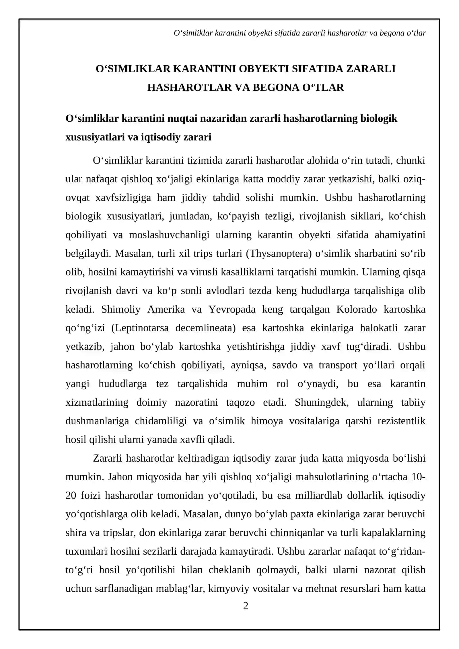 Karantin hasharotlar. Begona oʻtlar. Oʻsimliklar karantini hizmatining tashkil etilishi va tuzilishi 4