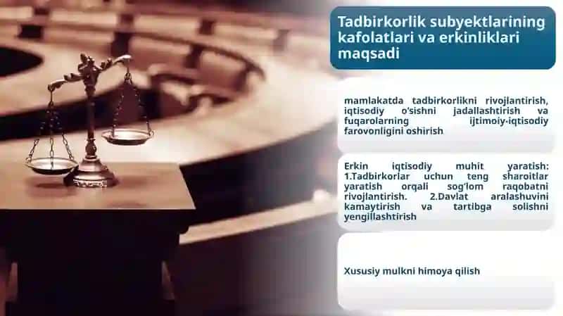 Tadbirkorlik subyekti kafolatlari va erkinliklar tushunchasi, turlari va maqsadining o‘zaro o‘xshash hamda farqli jihatlarini amaliy misollar bilan qonunchilik hujjatlari asosida izohlang 4