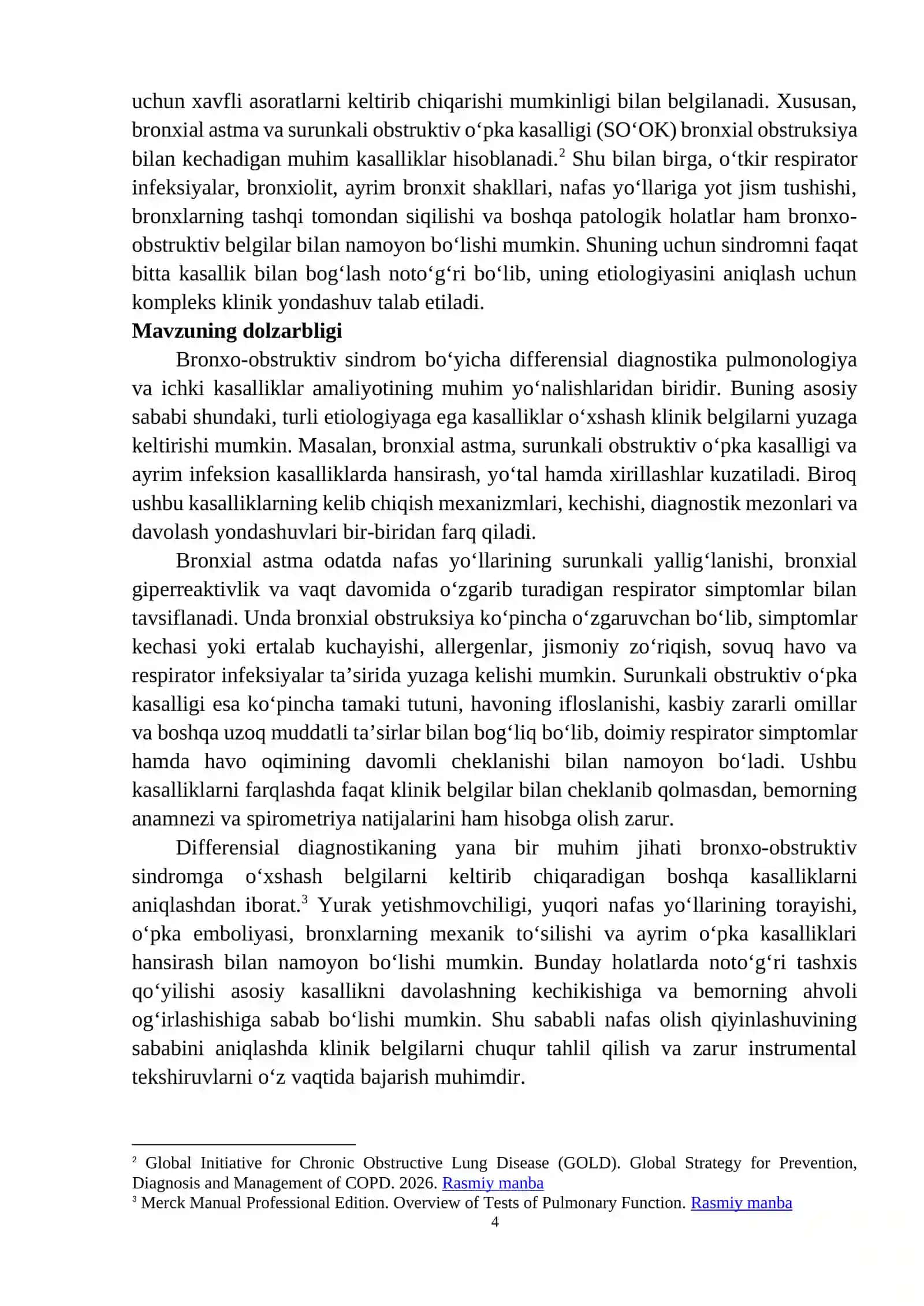 BRONXO – OBSTRUKTIV SINDROM BO‘YICHA DIFFERENSIAL DIAGNOSTIKA REFERAT 4