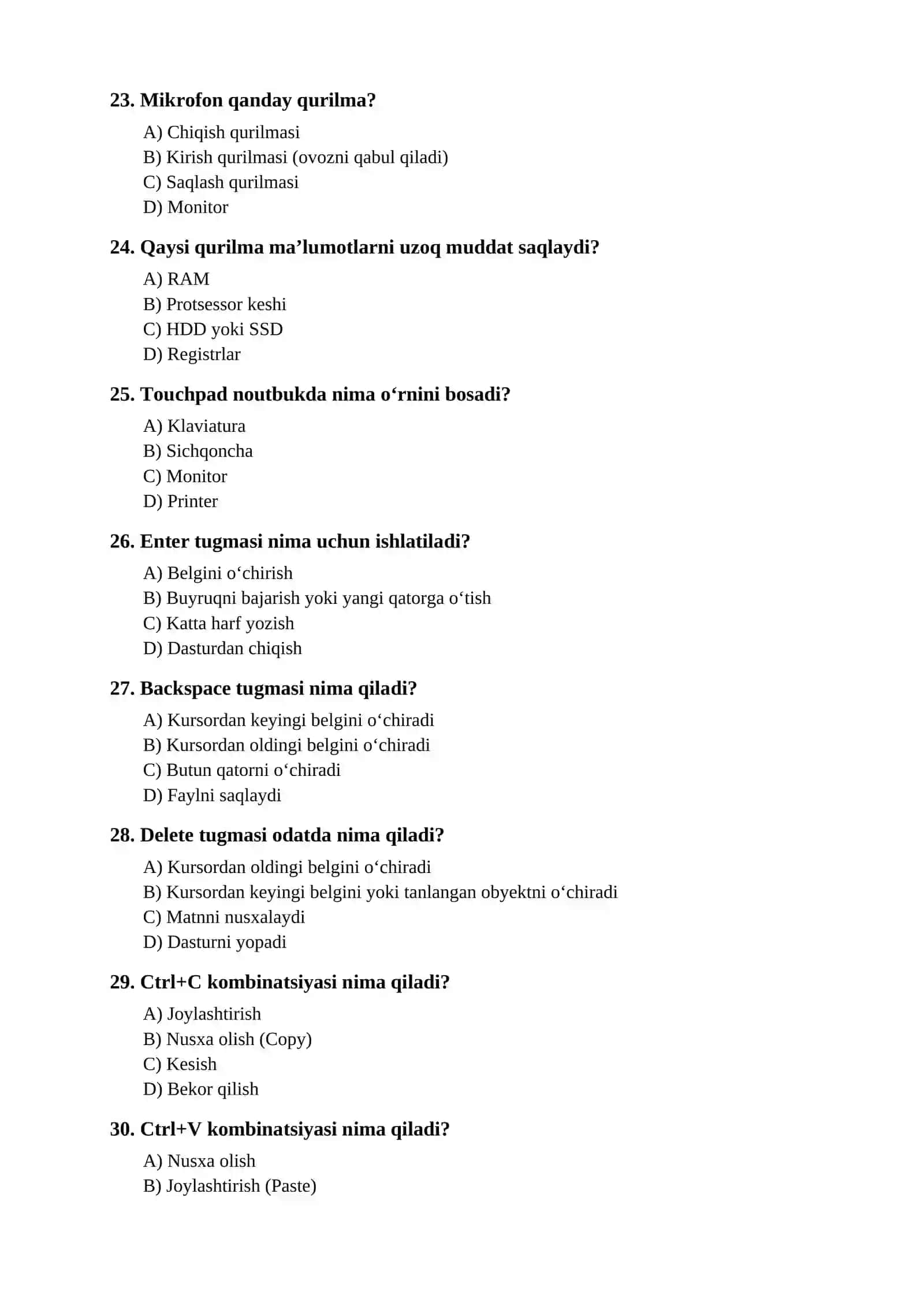 KOMPYUTER SAVODXONLIGI BO‘YICHA TESTLAR TO‘PLAMI 4