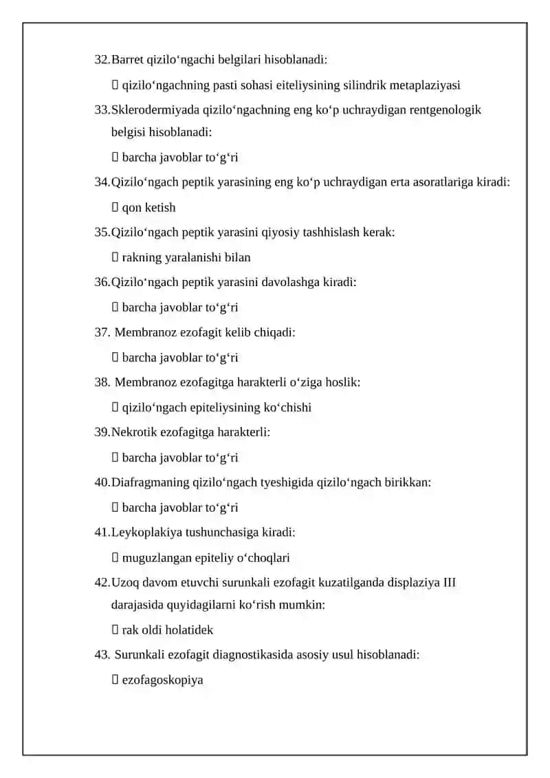 Gastroenterologiya mutaxassisligi boʻyicha shakllantirilgan test savollari roʻyxati 4
