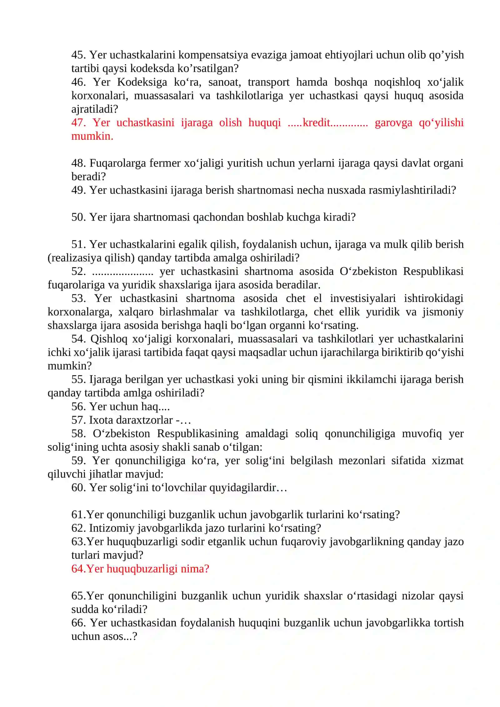 Yer huquqi fanidan oraliq nazoratidan taxminiy savollar ro’yxati 4