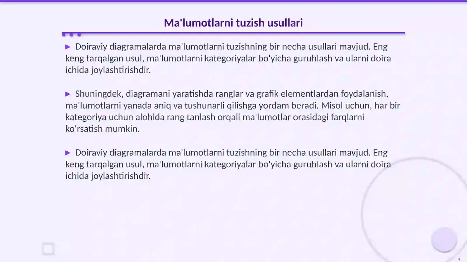Doiraviy diagramalarda ma'lumotlarni tuzish usullari 4