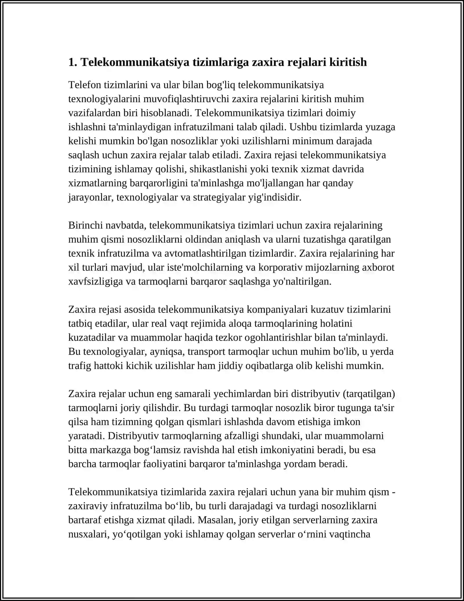 TELEKOMMUNIKATSIYA TIZIMLARIDA ZAXIRA REJALARINI YARATISH 4