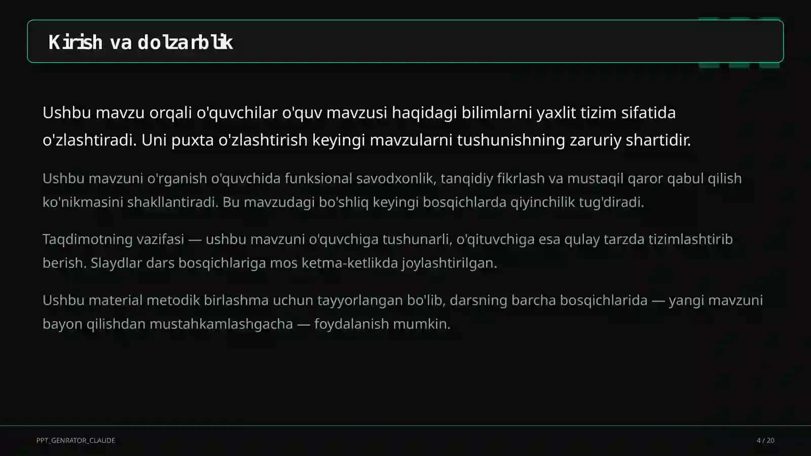 Dolzarb mavzular — maktab va o'qituvchilar (2026) — metodik birlashma uchun 4