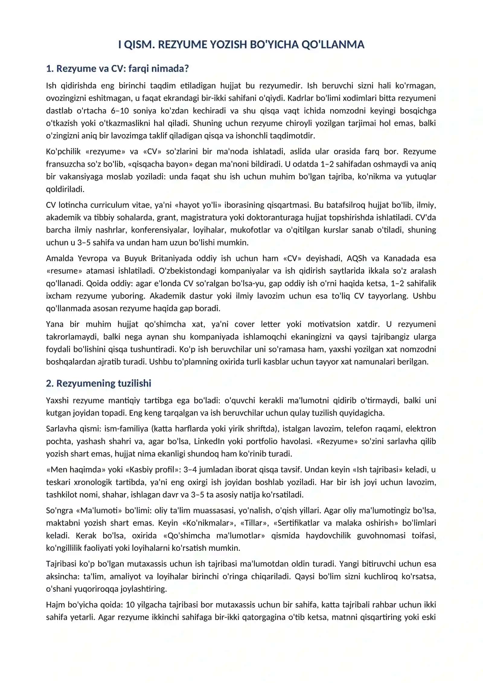 Rezyume namunalari 2026 uzbek tilida word CV va qoshimcha xat bilan tayyorgarlik toplami 4