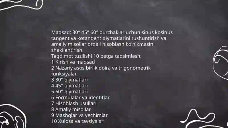 30 45 60° burchaklarning sinusi, kosinusi, tangensi va kotangensisni hisoblash 4