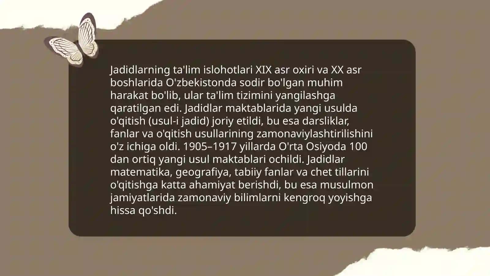 19 oxiri va 20 asr boshlarida maktab va pedagogik fikrlar taraqqiyoti, jadidlar xarakati 4