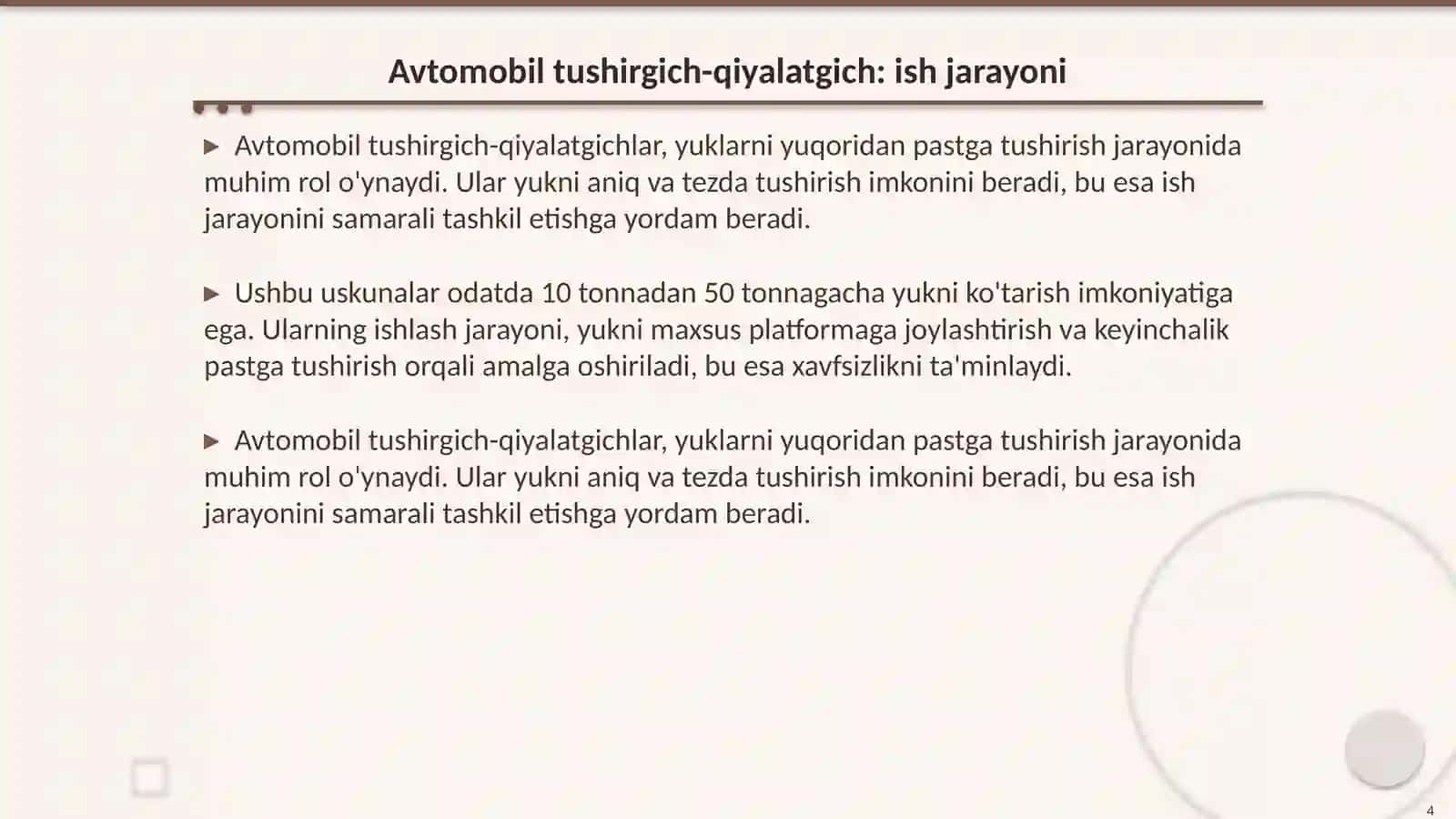Ortish-tushish ishlarini bajarishda bunkerlar va avtomobil tushirgich-qiyalatgichdan foydalanish 4