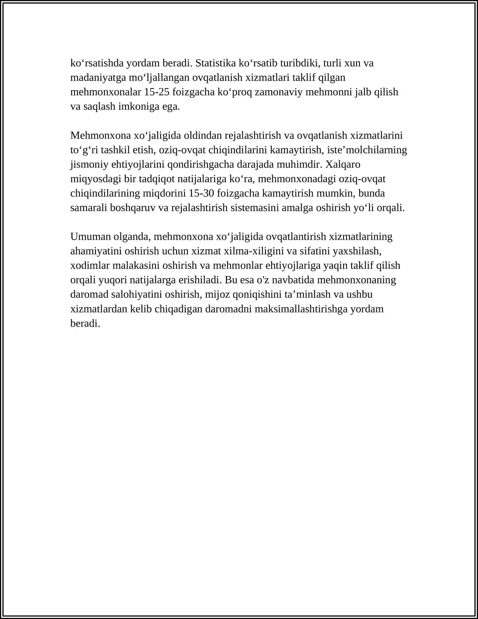 MEHMONXONA XO'JALIGI FAOLIYATIDA OVQATLANTIRISH XIZMATLARINING OʻRNI 4