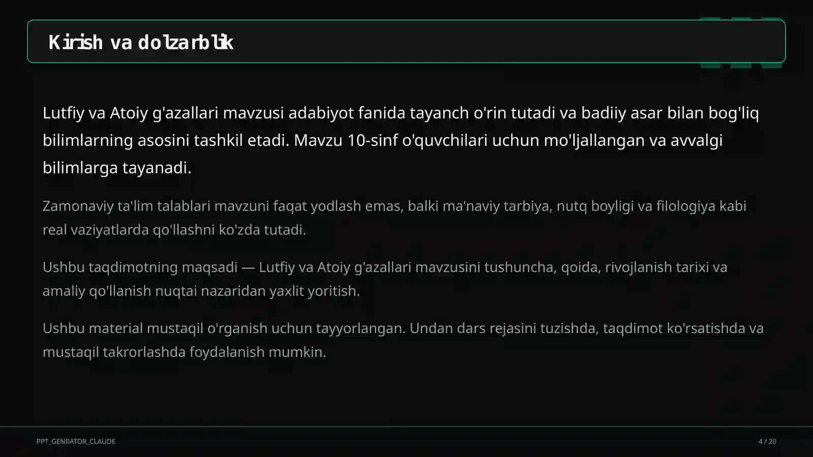 Lutfiy va Atoiy g'azallari (10-sinf) 4