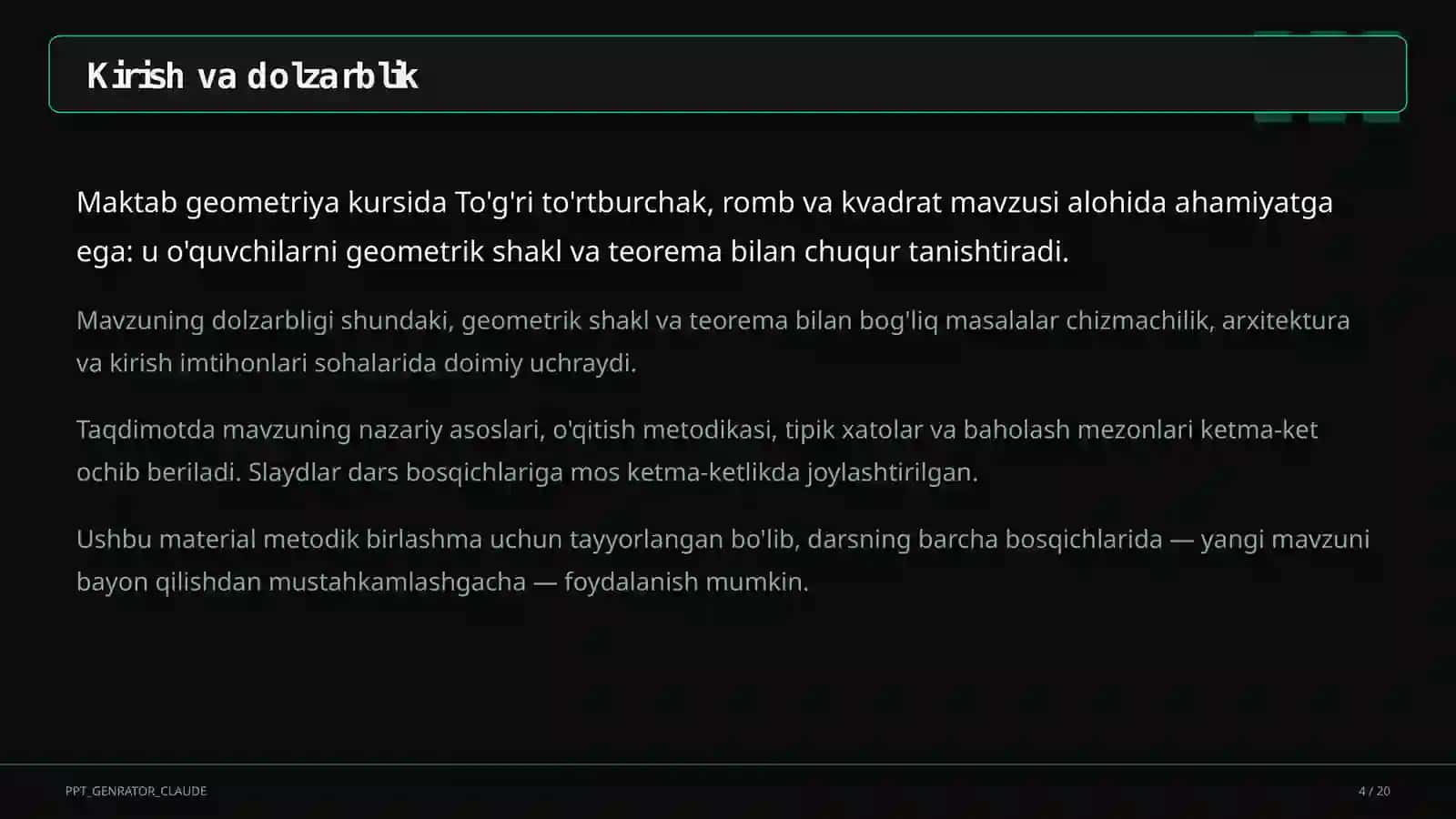 To'g'ri to'rtburchak, romb va kvadrat (8-sinf) 4