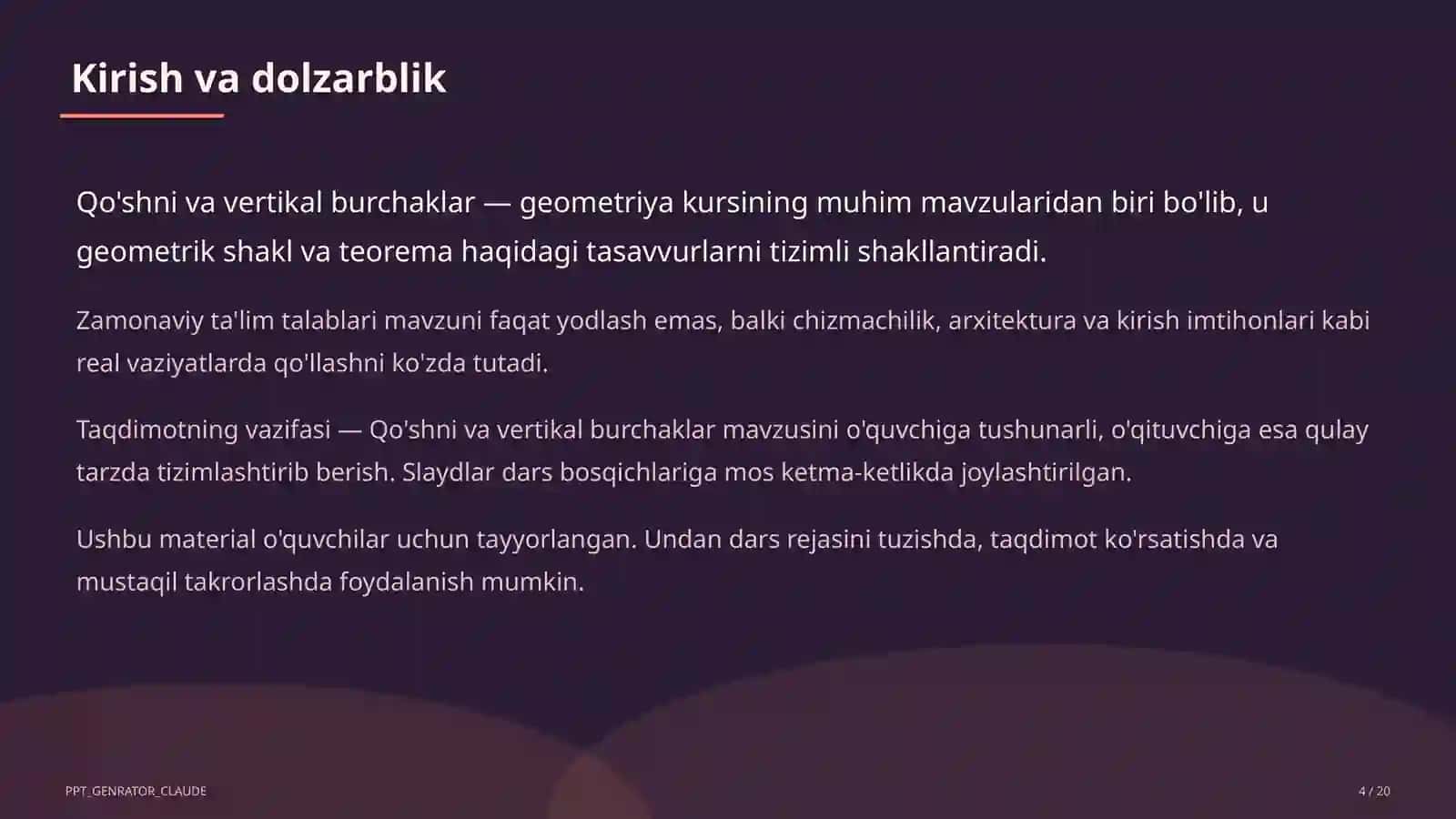 Qo'shni va vertikal burchaklar (7-sinf) 4