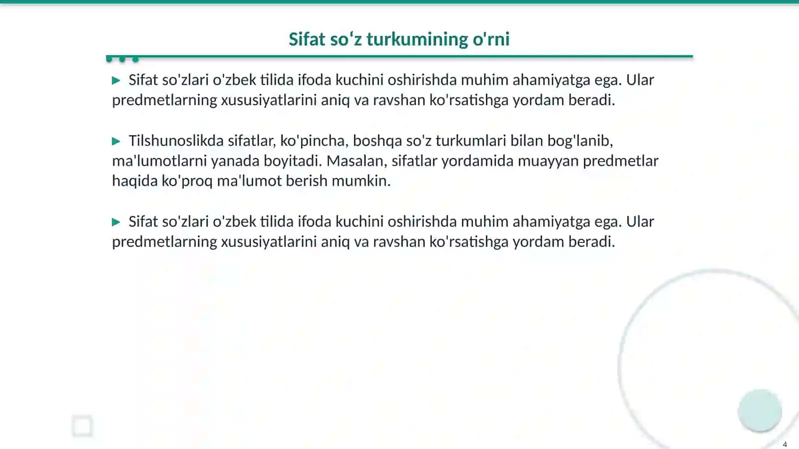 Oʻzbek tili tarixi fanidan Sifat soʻz turkumi 4