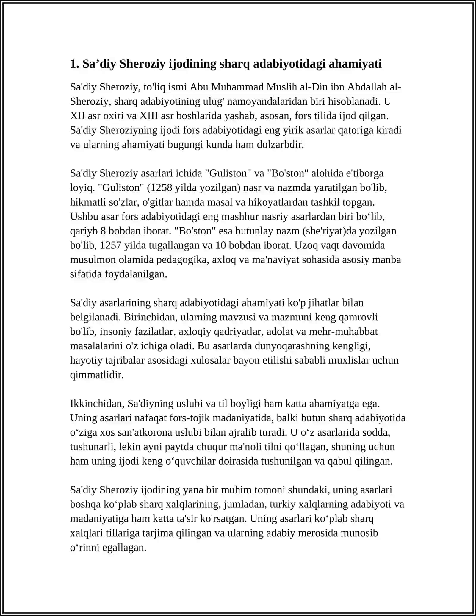 SAʼDIY SHEROZIY "GULISTON"ASARINING SHARQ ADABIYOTIDA TUTGAN OʻRNI 4