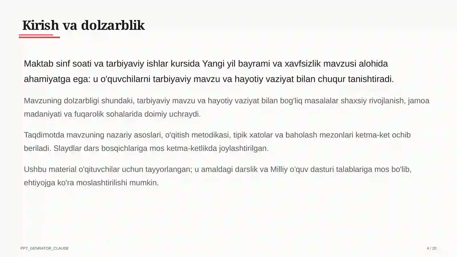 Sinf soati va tarbiyaviy tadbirlar (1–11) — o'qituvchilar uchun 4