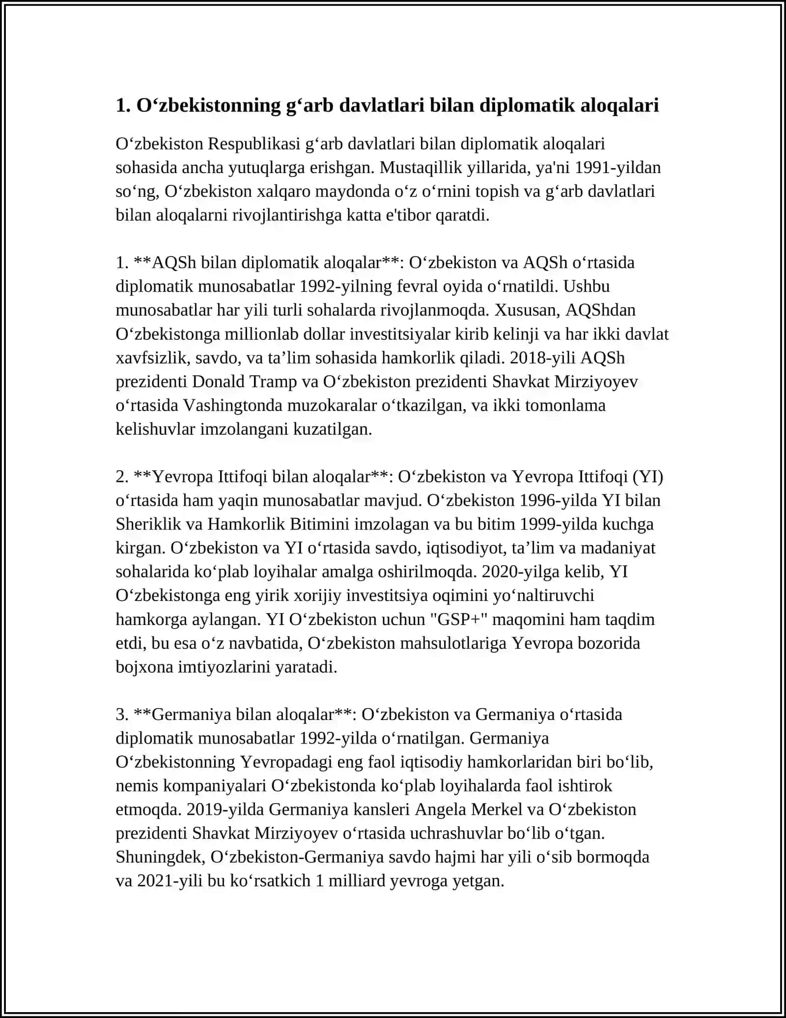 O'ZBEKISTON RESPUBLIKASINING G'ARB MAMLAKATLARI BILAN HAMKORLIK ALOQALARI 4