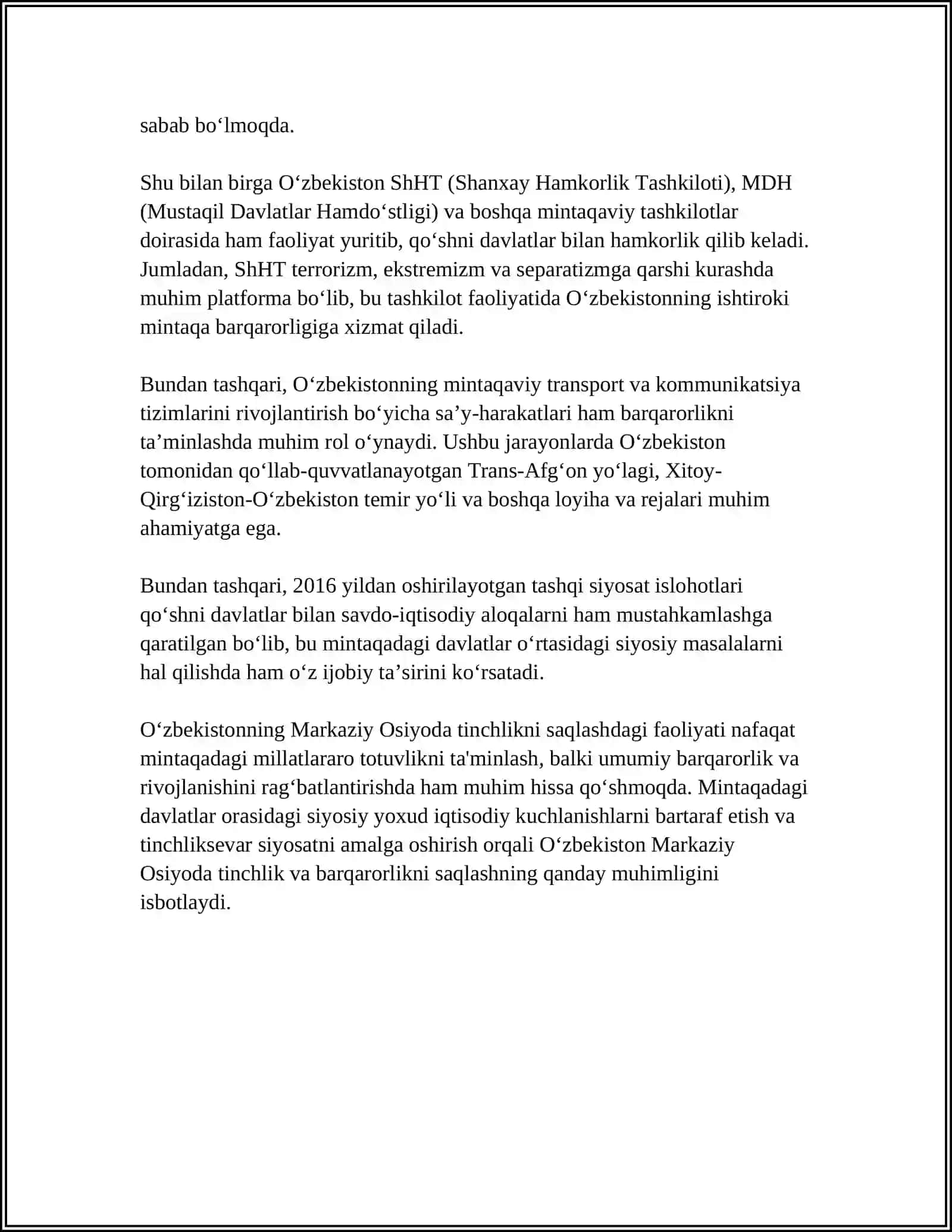 O‘zbekistonning Markaziy Osiyoda Tinchlik va Barqarorlik Taminishdagi O‘rni 4