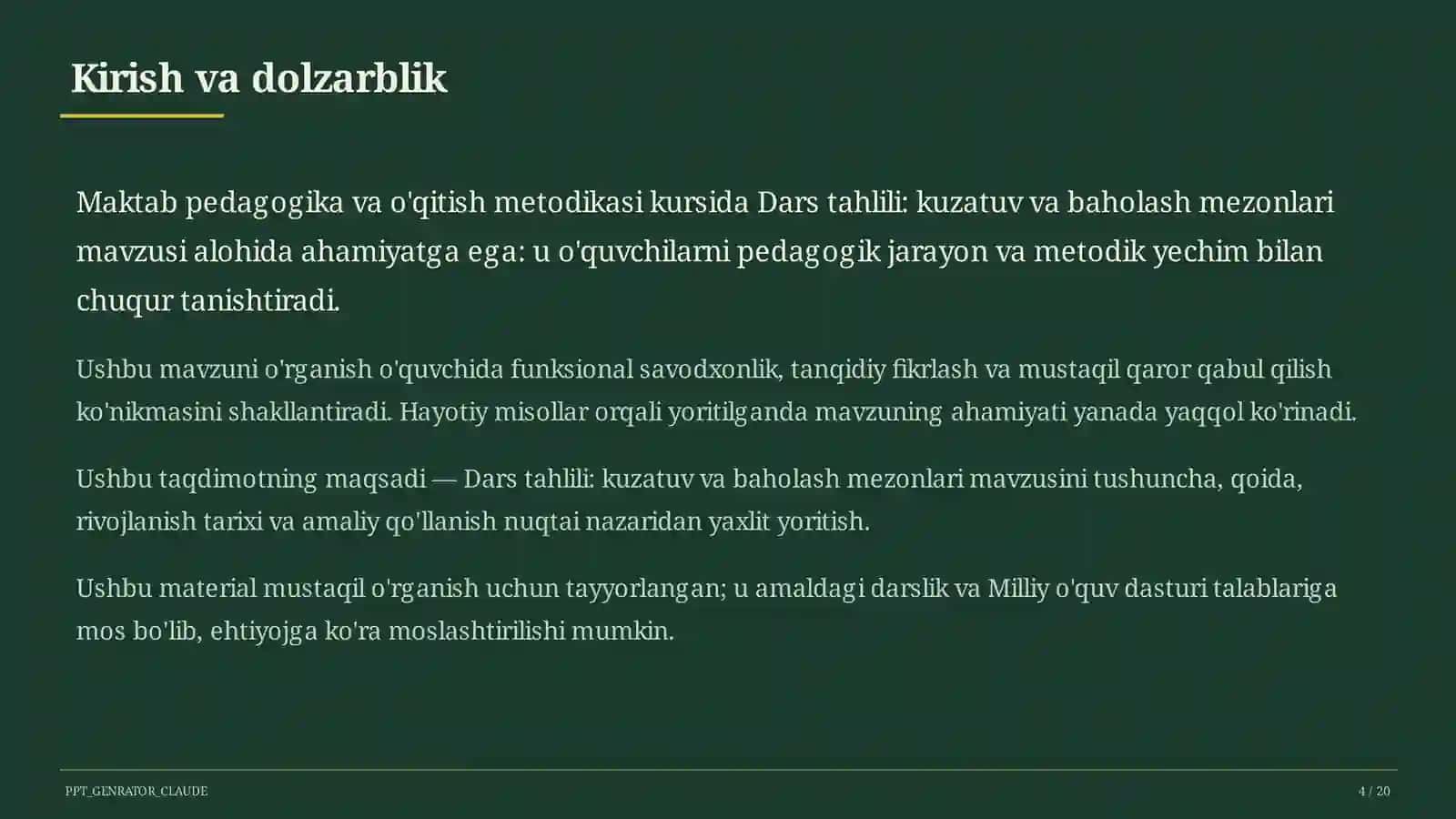 Dars tahlili: kuzatuv va baholash mezonlari 4