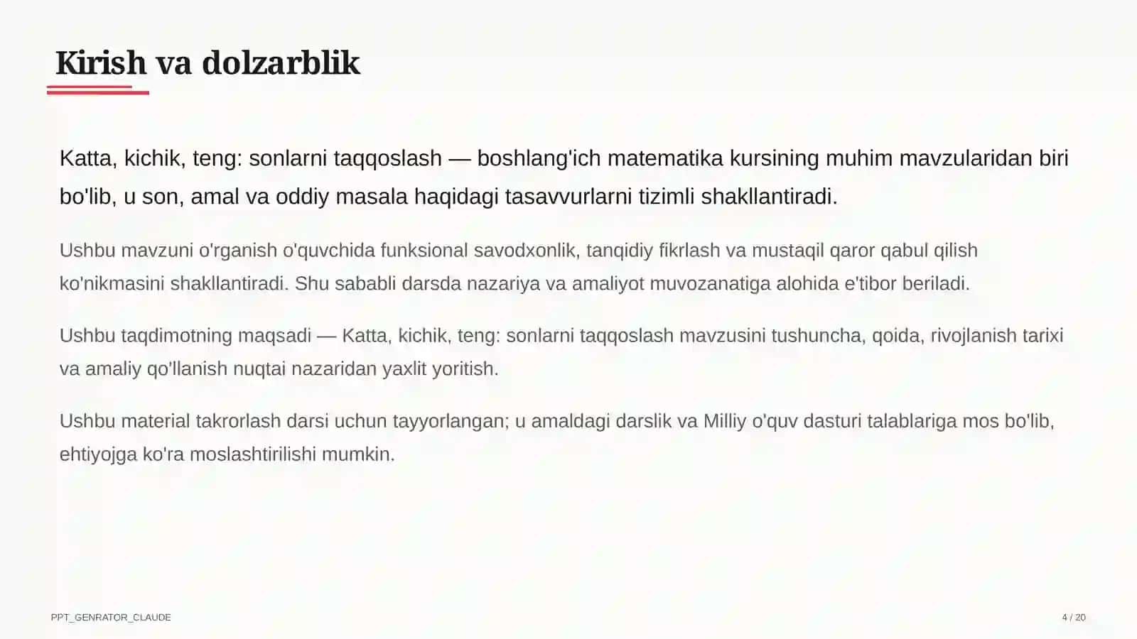 Katta, kichik, teng: sonlarni taqqoslash (1-sinf) 4