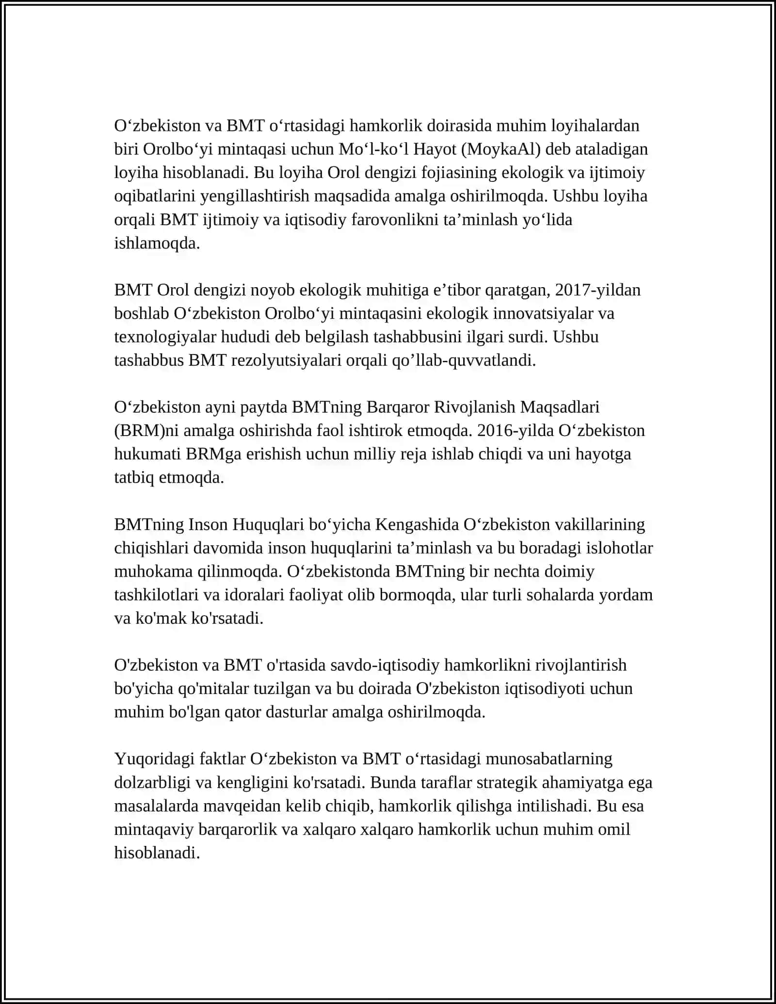 O'ZBEKISTONNING XALQARO TASHKILOTLAR BILAN HAMKORLIK ALOQALARI 4
