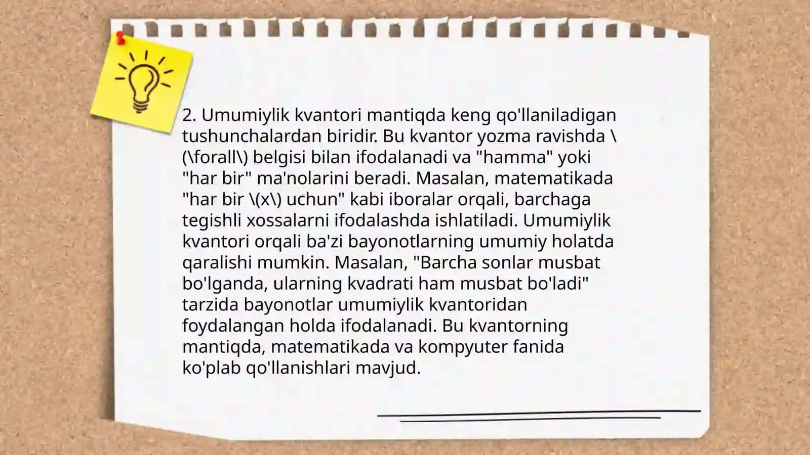 Kvantorlar, umumiylik va mavjudlik. Bajariluvchi, rad etiluvchi formulalar. Aynan rost, aynan yolg'on formulalar. Teng kuchli formulalar 4