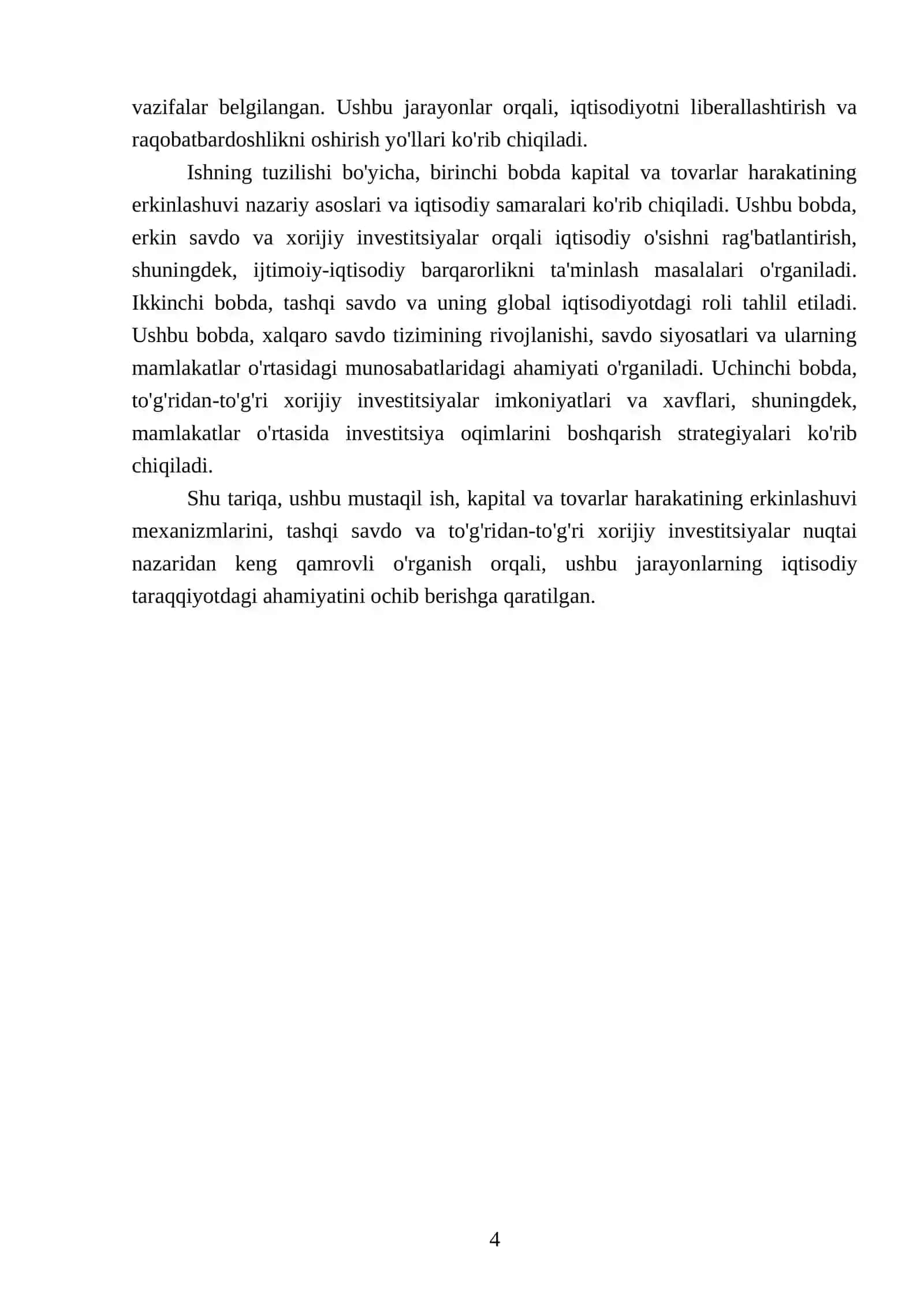 Kapital va tovarlar harakatining erkinlashuvi mexanizmlari (tashqi savdo, to'g'ridan-to'g'ri xorijiy investitsiyalar) 4
