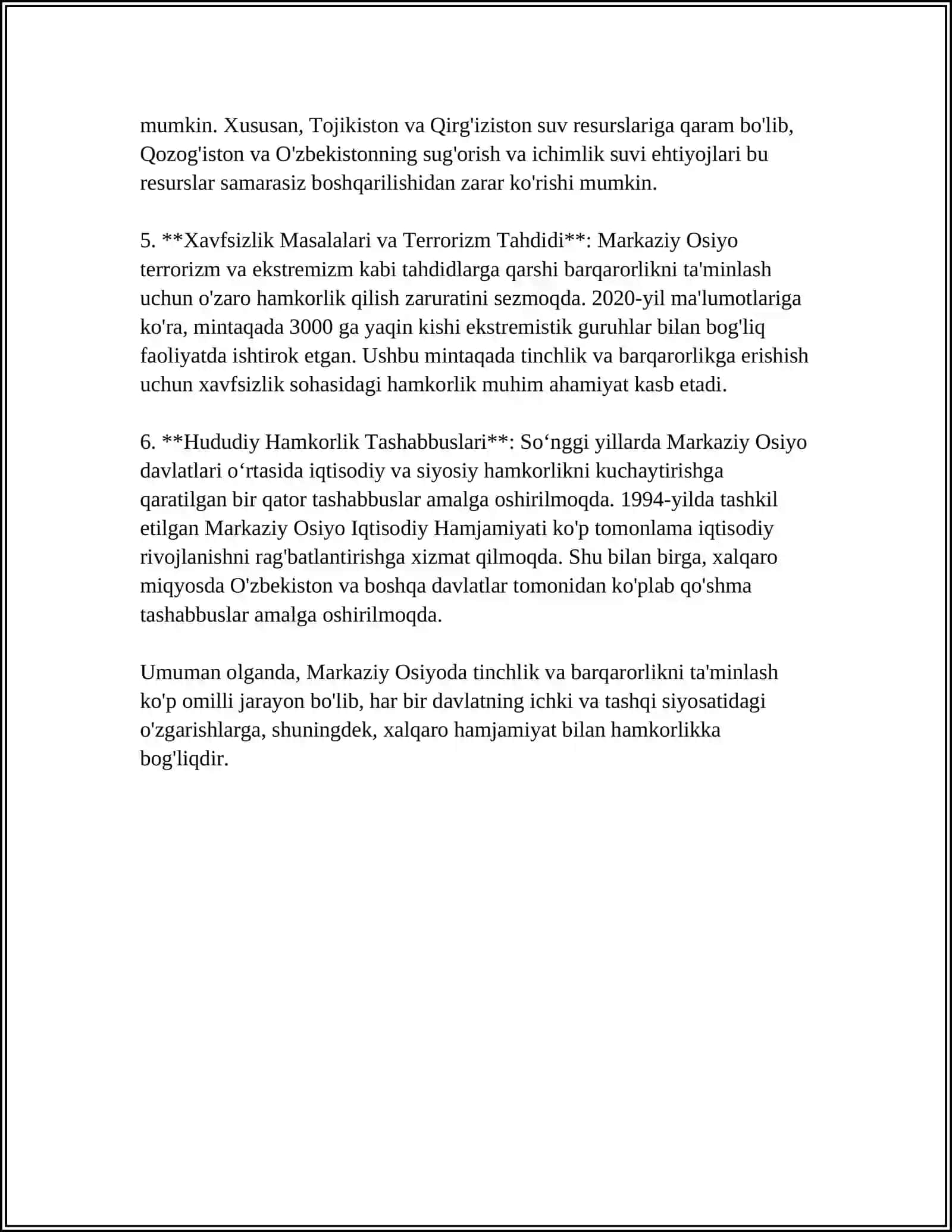O'ZBEKISTONNING MARKAZIY OSIYODA TINCHLIK VA BARQARORLIKNI TA'MINLASHDAGI O'RNI 4