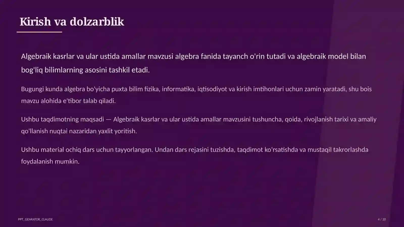 Algebraik kasrlar va ular ustida amallar (8-sinf) 4