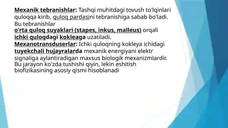 Eshitish biofizikasi elementlari. Koxlear implantatsiya asoslari. Radioto’lqinli jarrohlik. Litotripiya 4