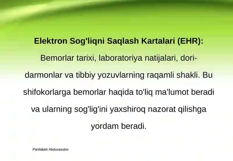 Tibbiyotni raqamlashtirish. Zamonaviy axborot texnologiyalarining tibbiyotda qo‘llanilishi. Axbotot kommunikatsuon texnologiyalarini ta’lim sohasi, ishlab chiqarish va tibbiyotda tadbiq etish 4