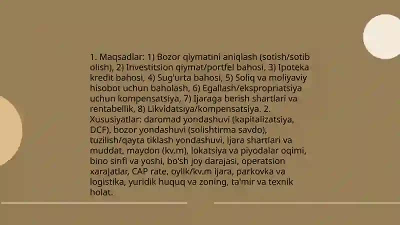 Mulk (turlari boʻyicha ) qiymatini maqsadli baholashning turlari va xususiyatlari 4