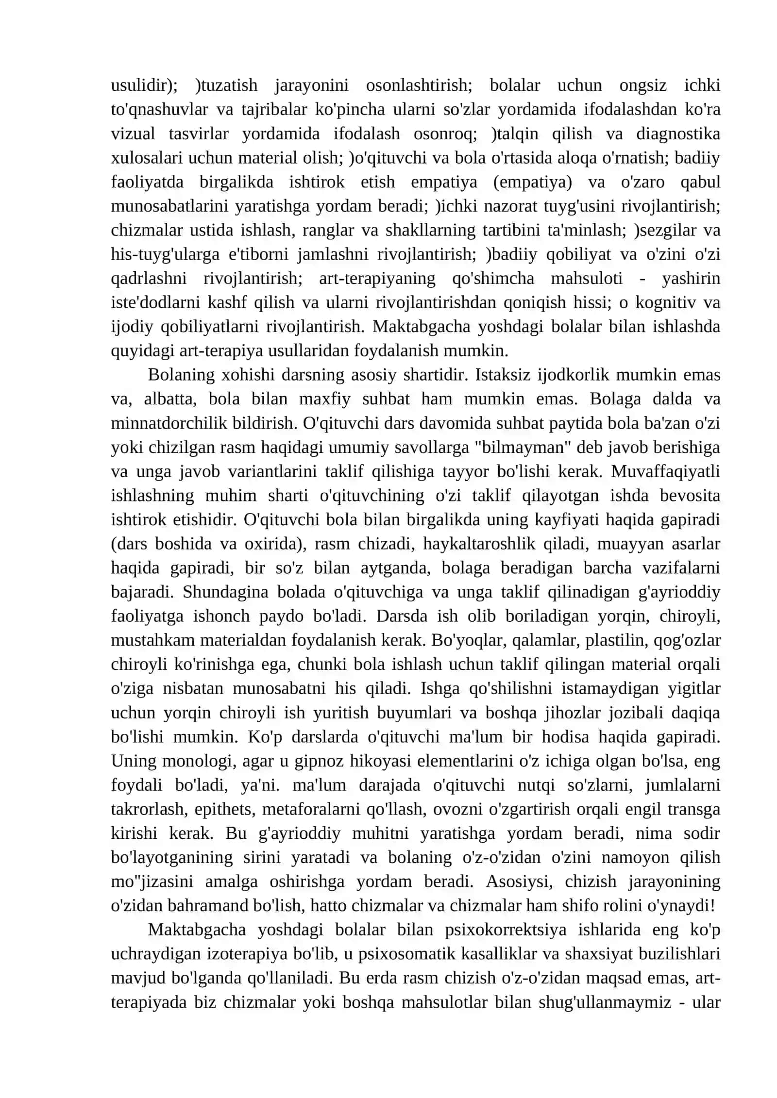 Artterapiya treningining ahamiyati.Maktabgacha ta’lim tashkilotlarida savodga o‘rgatishda multimedialarning o‘rni. Musiqa terapiya turlari va metodlari Artterapiya va uning shaxs rivojlanishidagi o‘rni Artterapiya va uning shaxs rivojlanishidagi o‘rni Maktabgacha ta’lim tashkilotlarida savodga o‘rgatishda multimedialarning o‘rni. Maktabgacha tayyorlov guruh bolalarini savodga o‘rgatishda multimedialarni tatbiq etish. 4