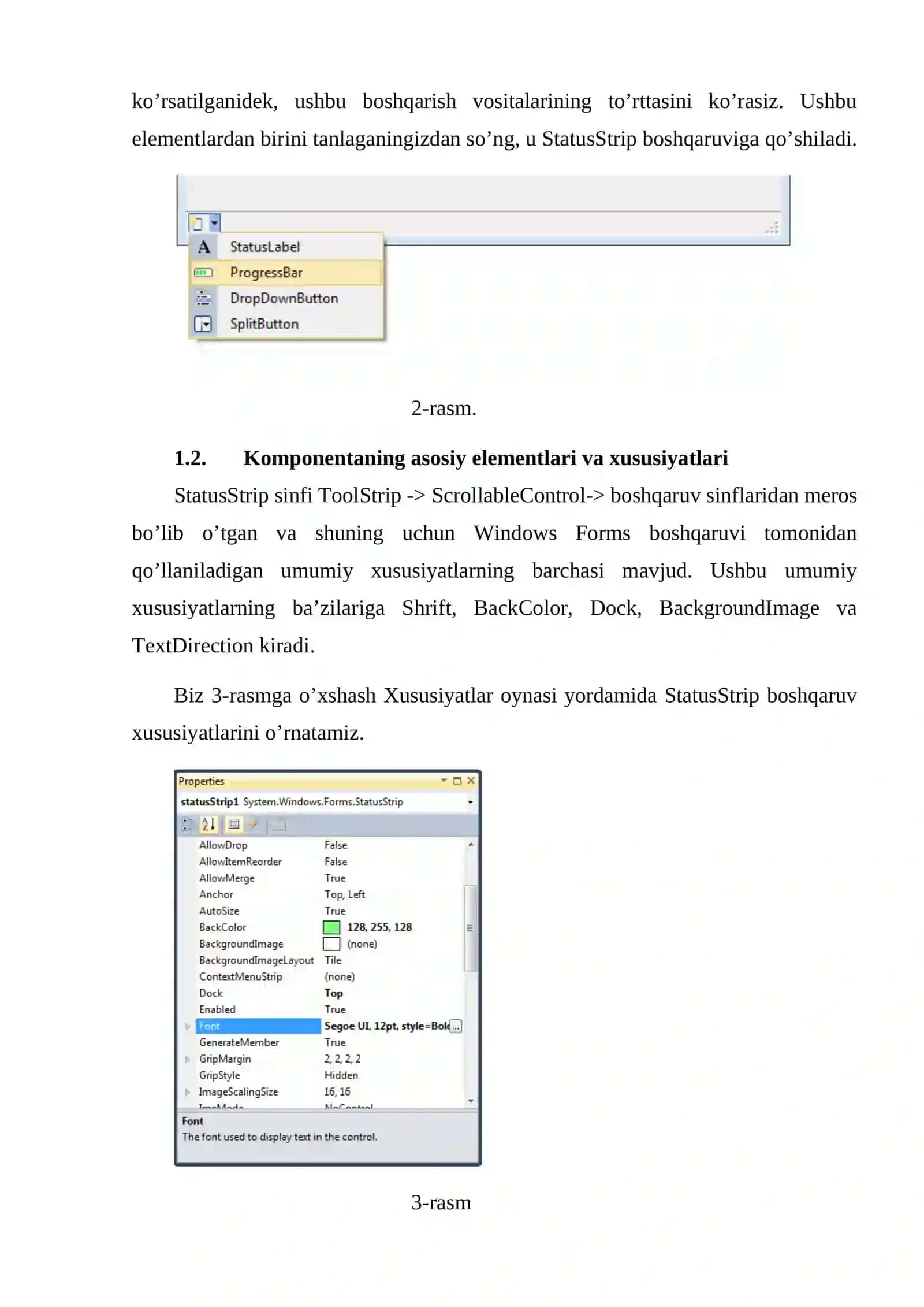 Visual Studio muhitida StatusStrip komponentasi va uning imkoniyatlari 4