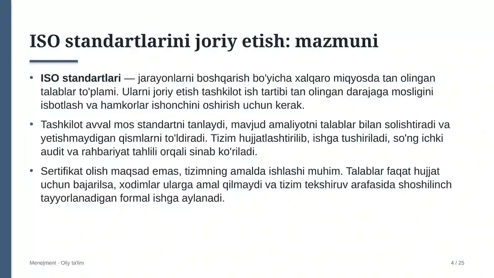 un yorma sanoatida iso standartlarini joriy etish 2167 4