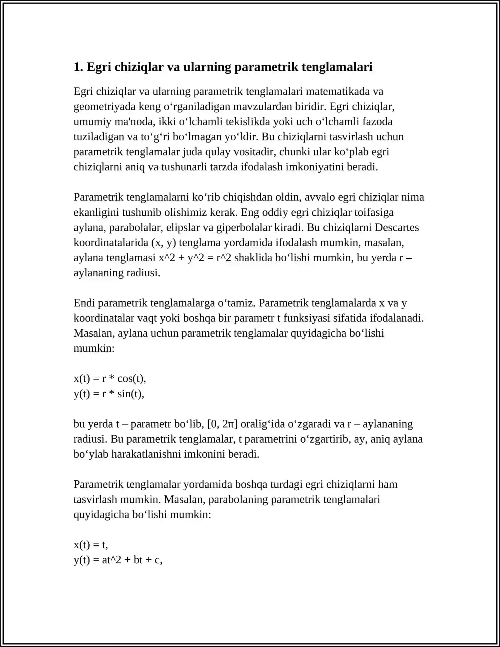 EGRI CHIZIQLARNING PARAMETRIK TENGLAMALARI. VEKTORLARNING BIOMETRIK VA MEXANIK MASALALARIGA TADBIQ 4