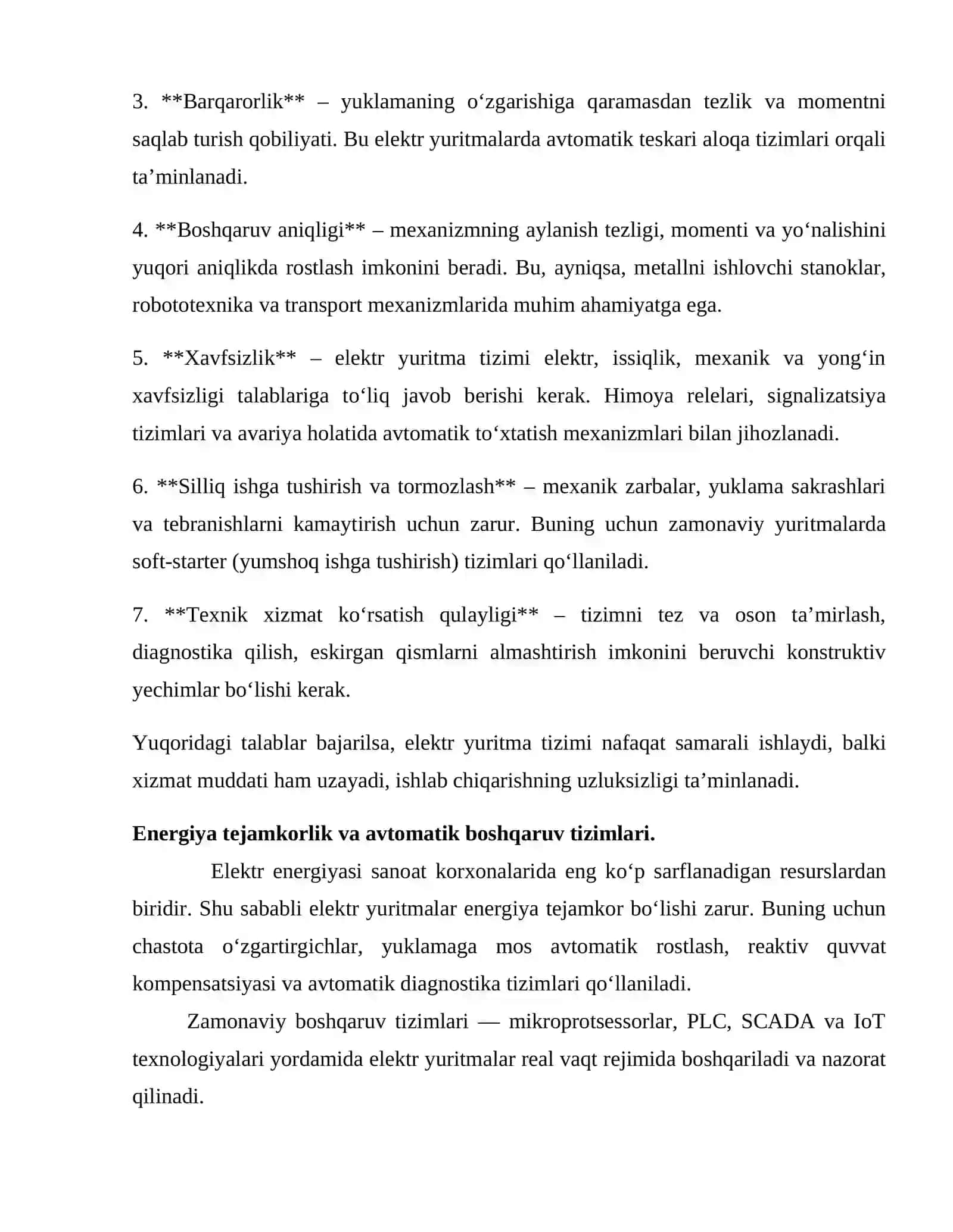 Elektr yuritma tizimlariga qo‘yiladigan talablar 4