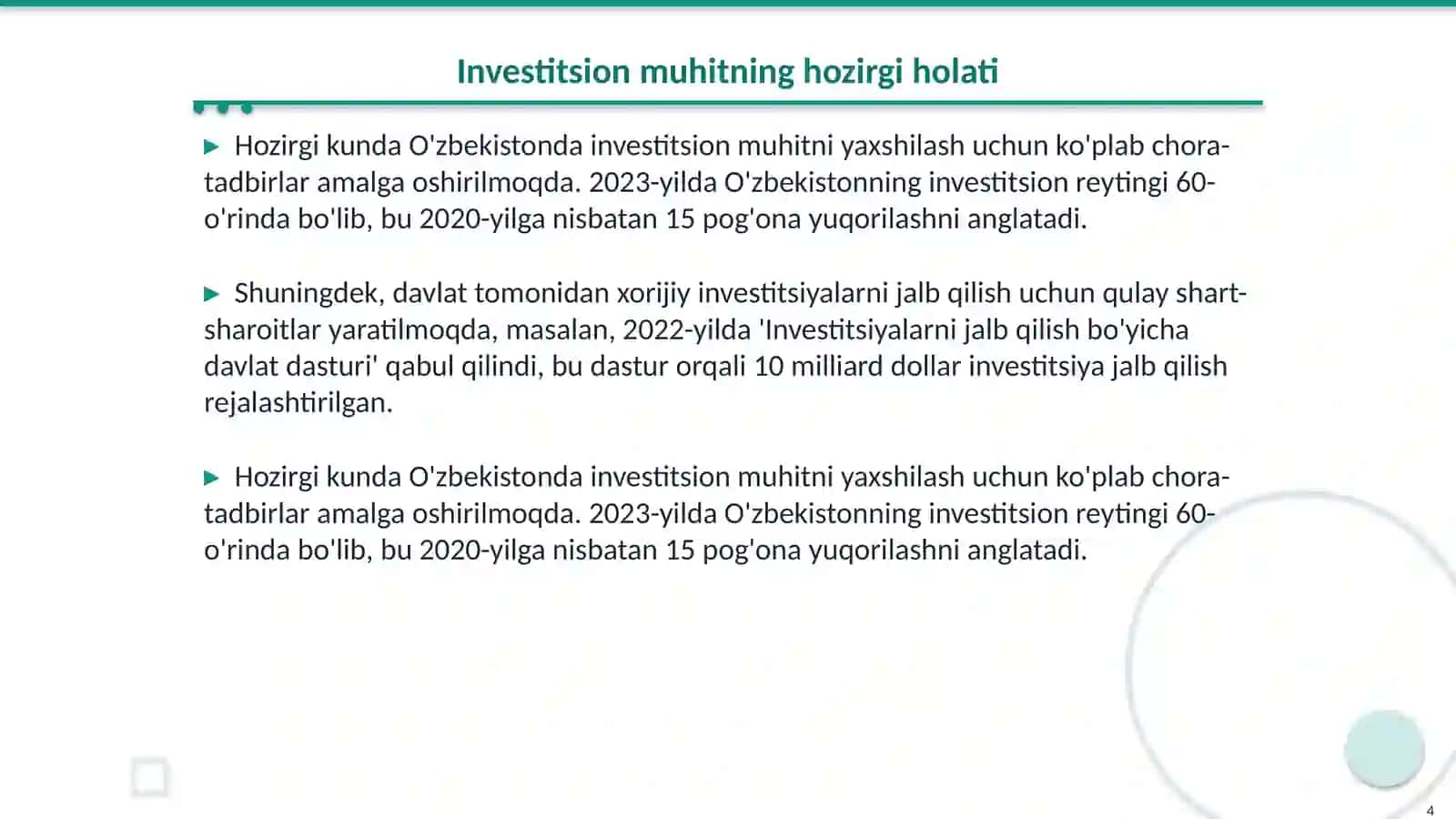 O'zbekiston investitsion siyosati: holat va istiqbollar 4