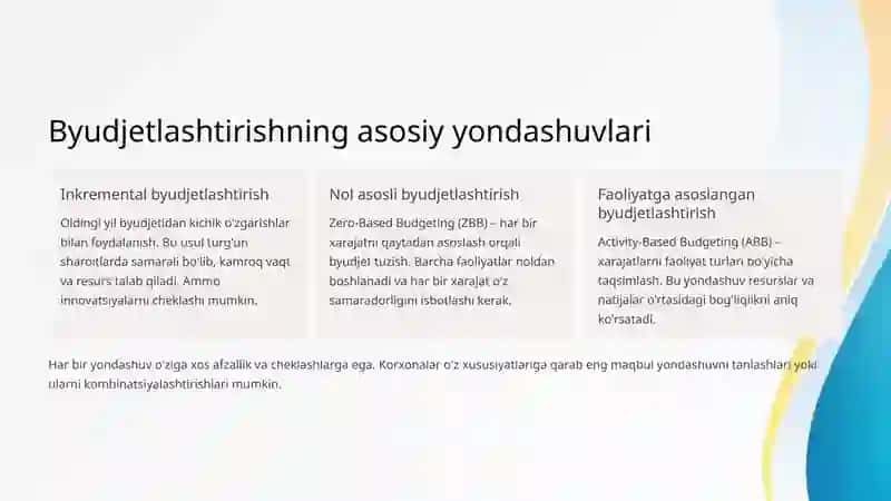 Byudjetlashtirishga yondashuvlar. Byudjet ijrosi monitoringi. 4