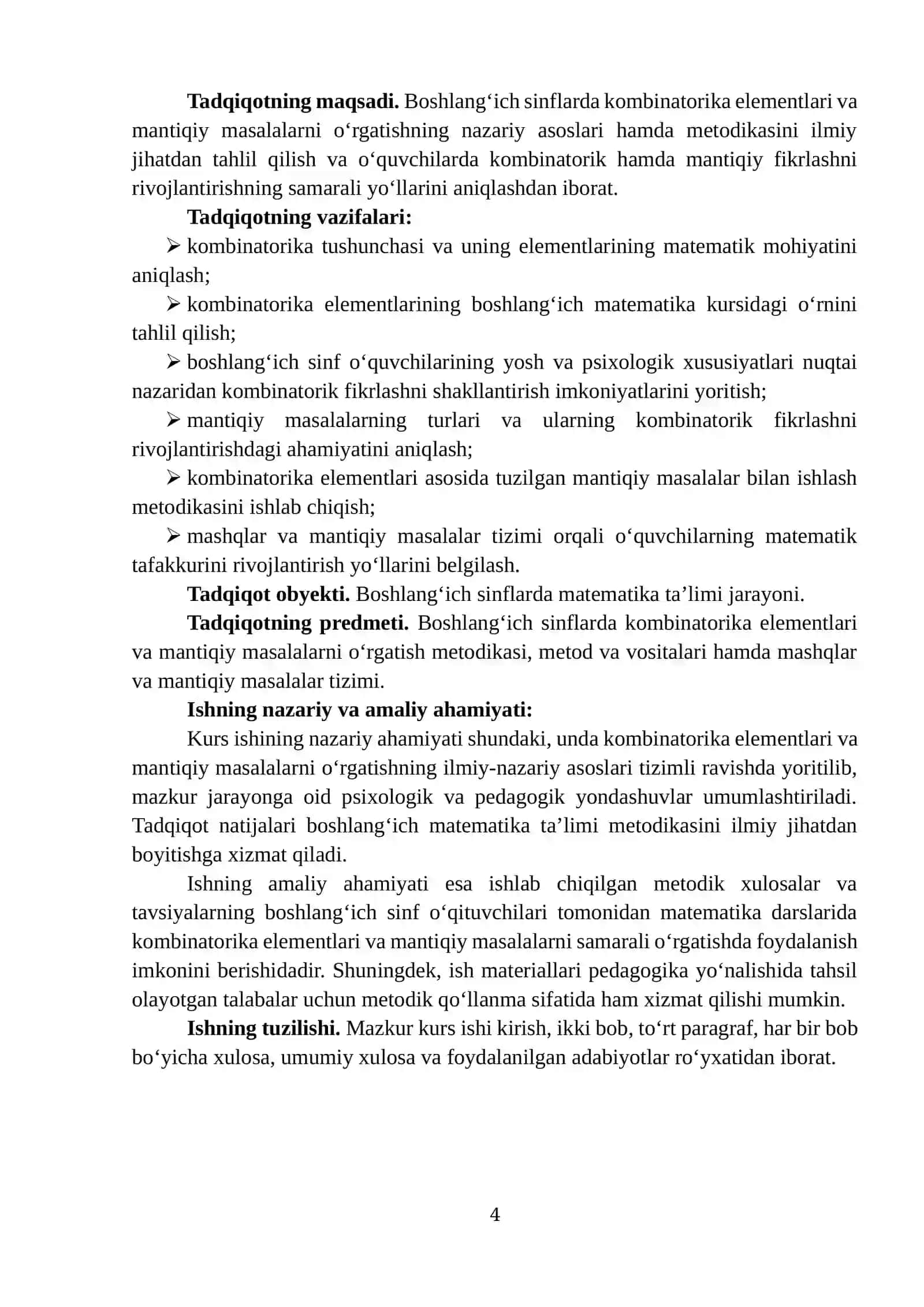BOSHLANG‘ICH SINFLARDA KAMBINATORIKA ELEMENTLARI, MANTIQIY MASALALAR KURS ISHI 4
