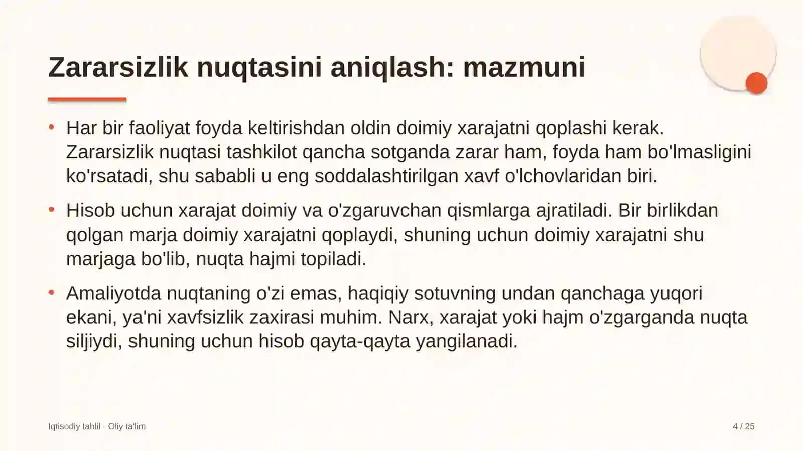 Buyum bozorlarida zararsizlik nuqtasini aniqlash 4